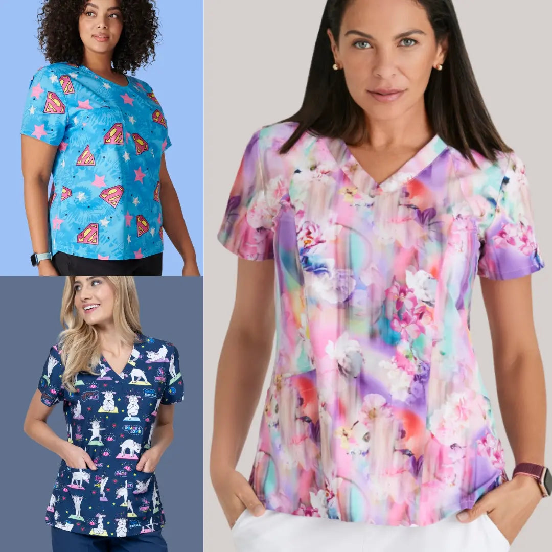 Three young female pediatric nurses wearing print scrub tops from Scrub Pro Uniforms on a multi-colored background.