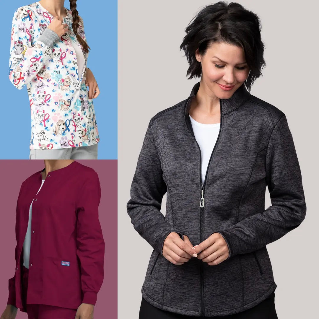 A collection of images depicting Scrub Pro's collection of women's scrub jackets on a multi-colored background.