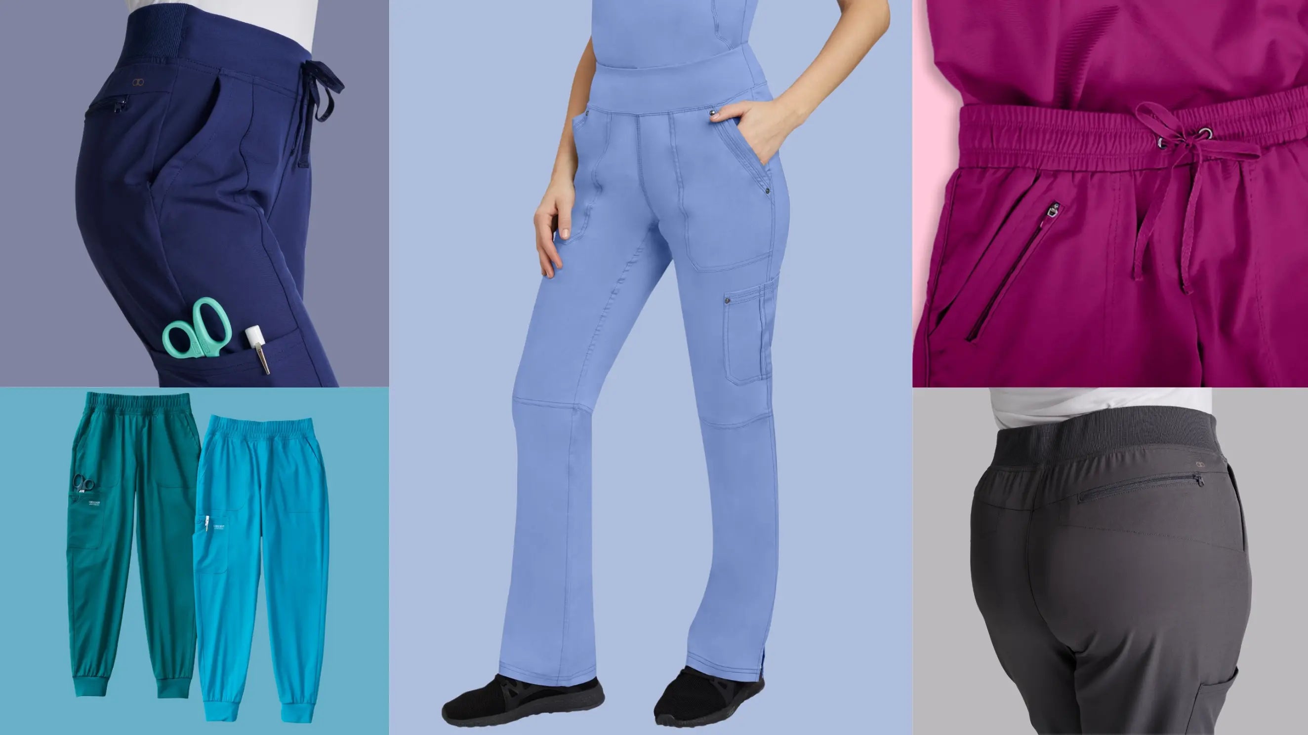 A collage of various women scrub pants offered at Scrub Pro Uniforms on a multi-colored background.