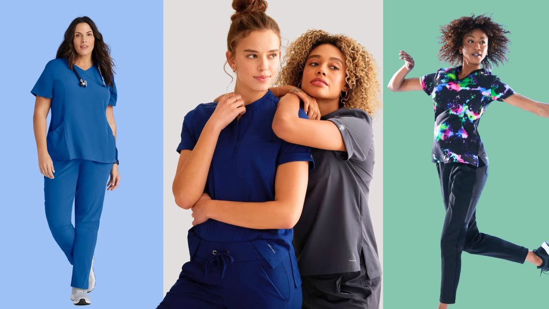 Four female nurses showcasing available styles in Scrub Pro's Women's Scrubs collection on a multi-colored background.