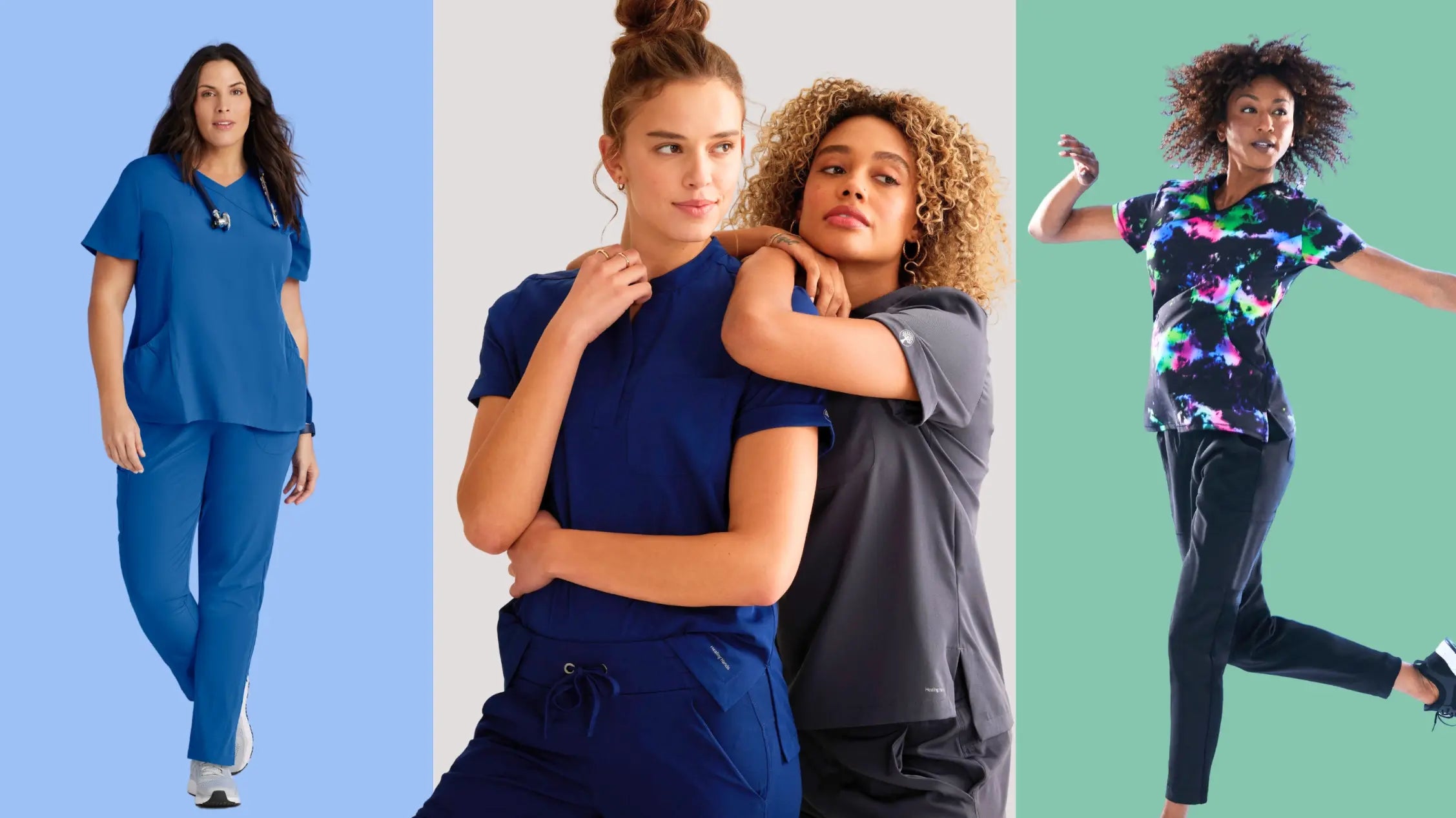 Four female nurses showcasing available styles in Scrub Pro's Women's Scrubs collection on a multi-colored background.