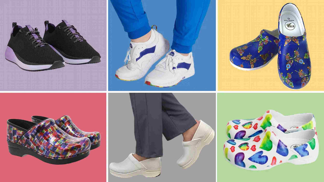 A collection of available women's nursing shoes at Scrub Pro Uniforms on a multi-colored background.