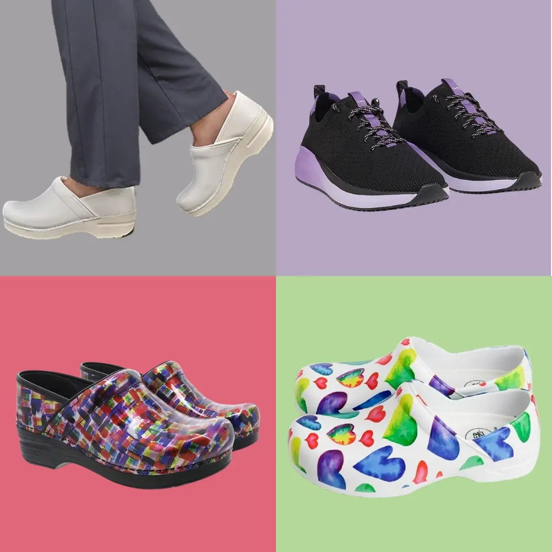 A look at some of the available women's nursing shoes at Scrub Pro Uniforms on a multi-colored background.