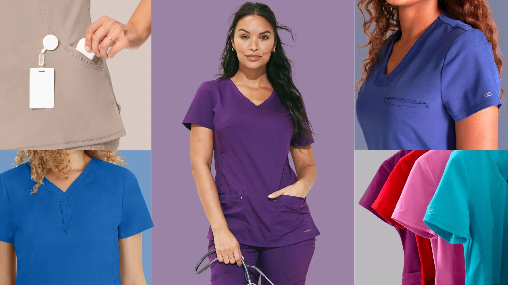 Various female nurses showcasing Scrub Pro's collection of women's solid scrub tops on a multi-colored background.