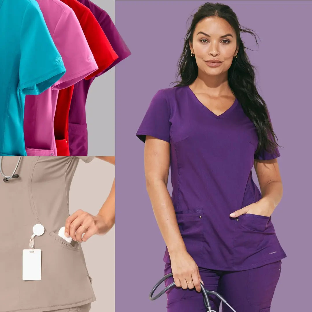 A look at the women's solid scrub tops available at Scrub Pro Uniforms on a multi-colored background.