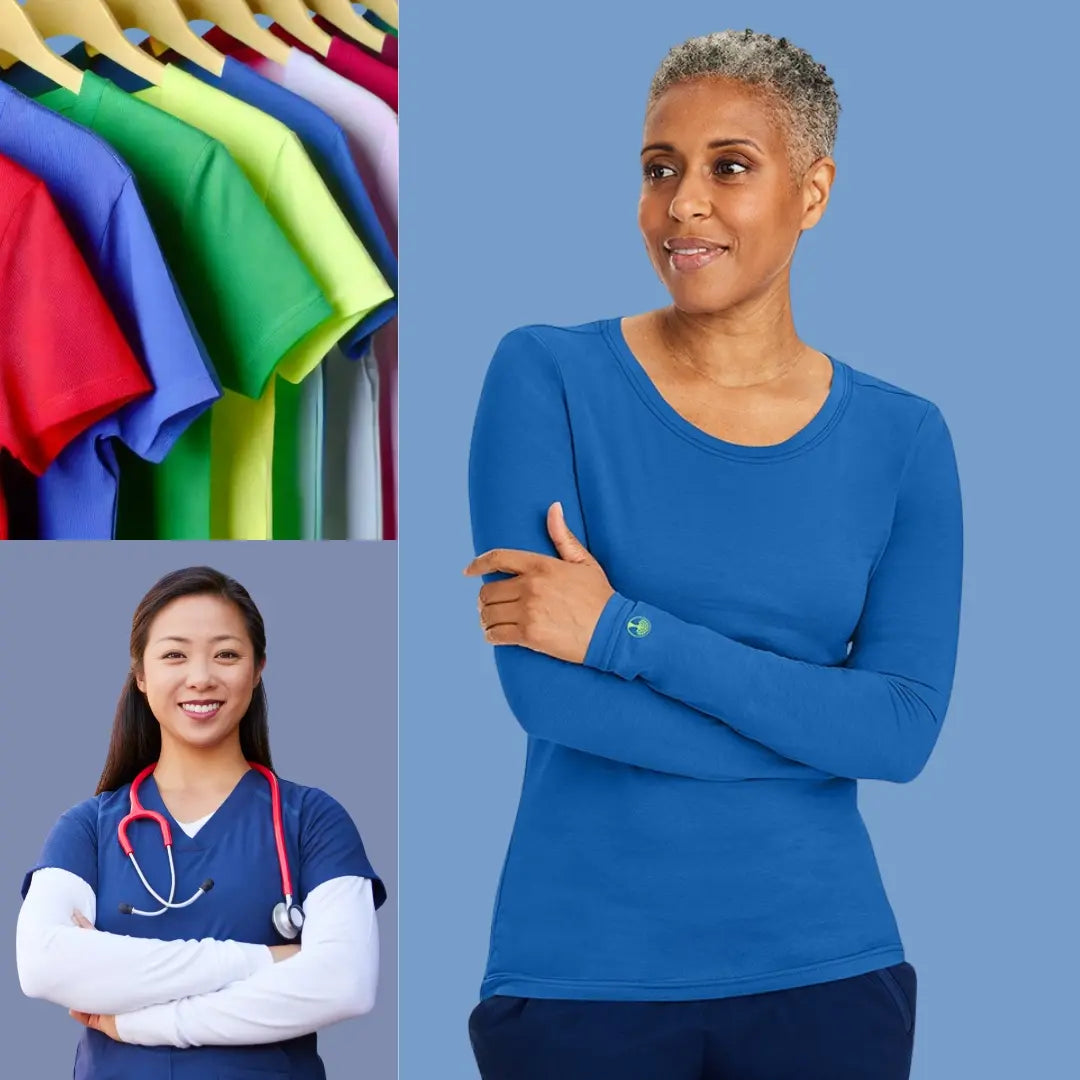 A collage of images depicting available women's t-shirts at Scrub Pro Uniforms.