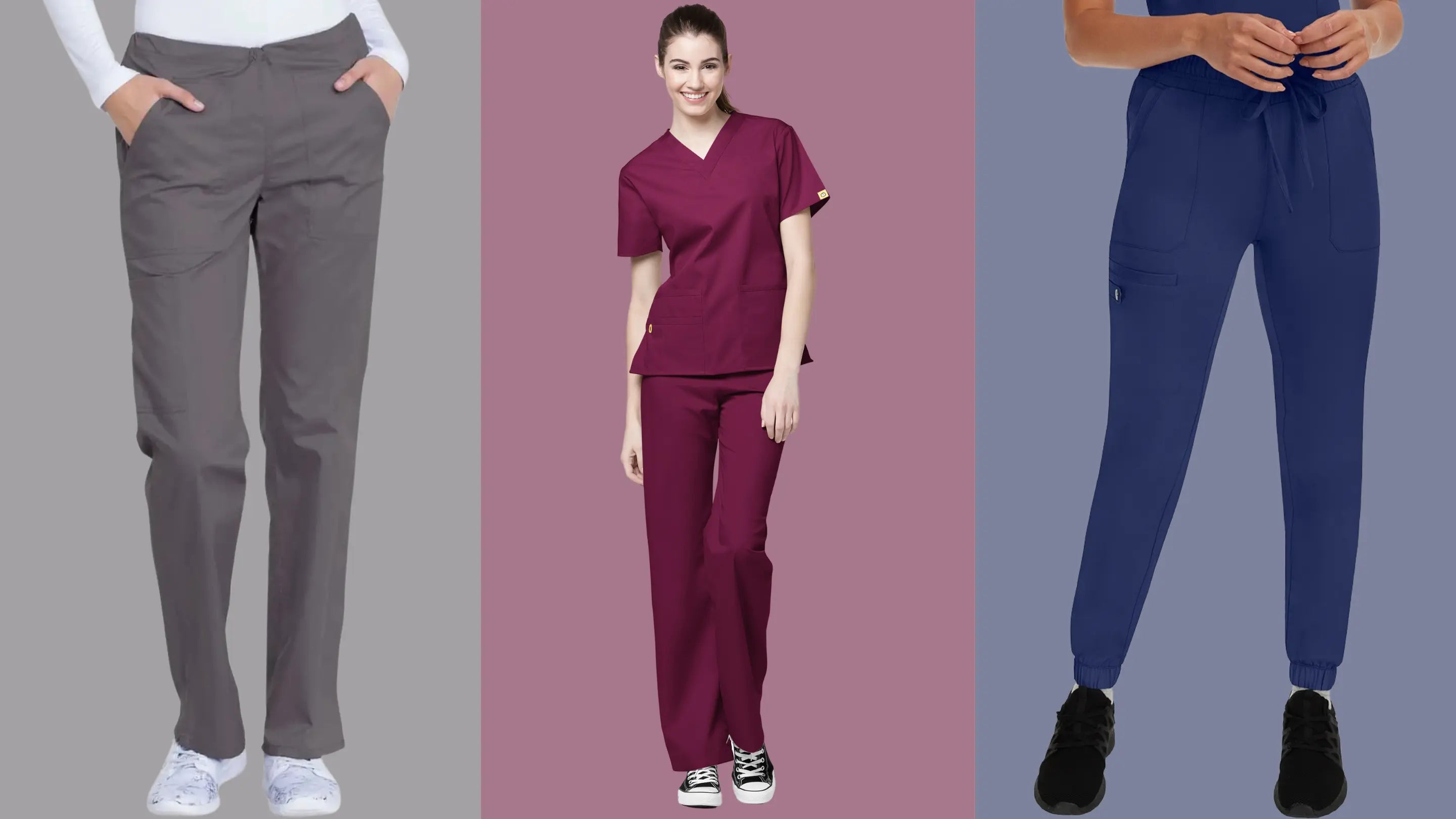 Three female lab technicians wearing scrub pants in tall sizes from Scrub Pro Uniforms on a multi-colored background.