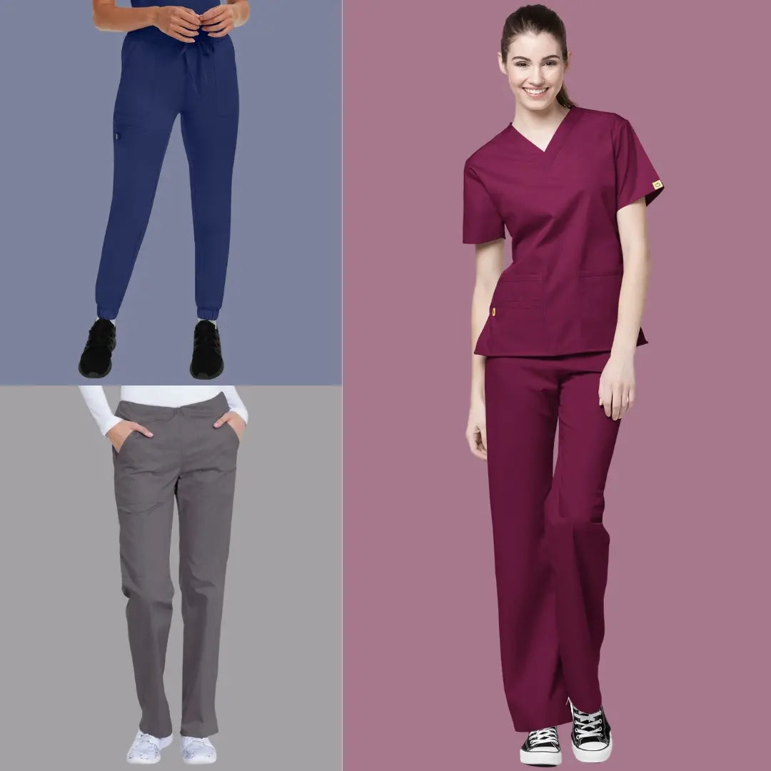 A collection of female medical technicians wearing tall scrub pants from Scrub Pro Uniforms in Pewter, Navy Blue and Wine on a multi-colored background.