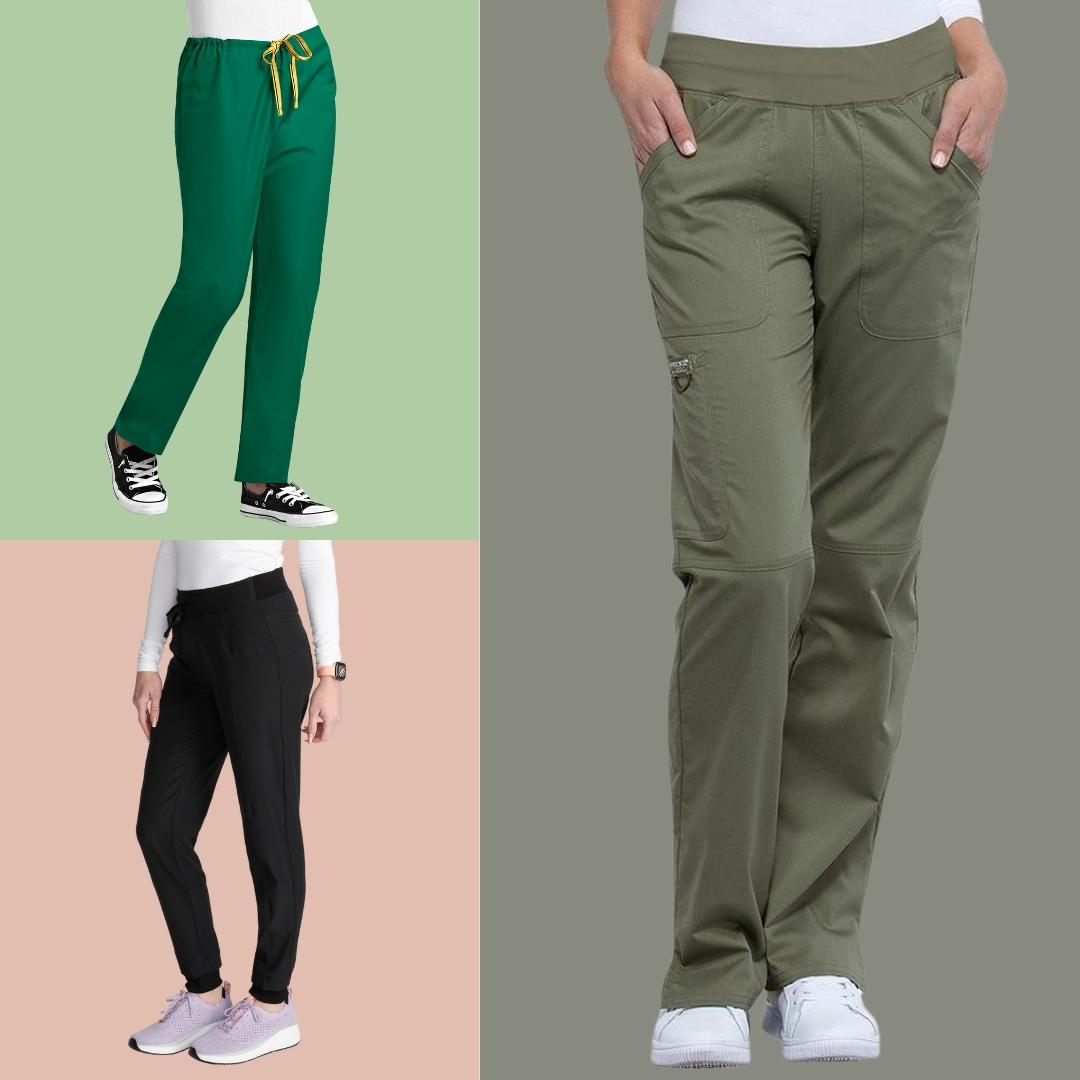 Three separate images of available scrub pants in Scrub Pro's collection of XXS Petite Scrub Uniforms