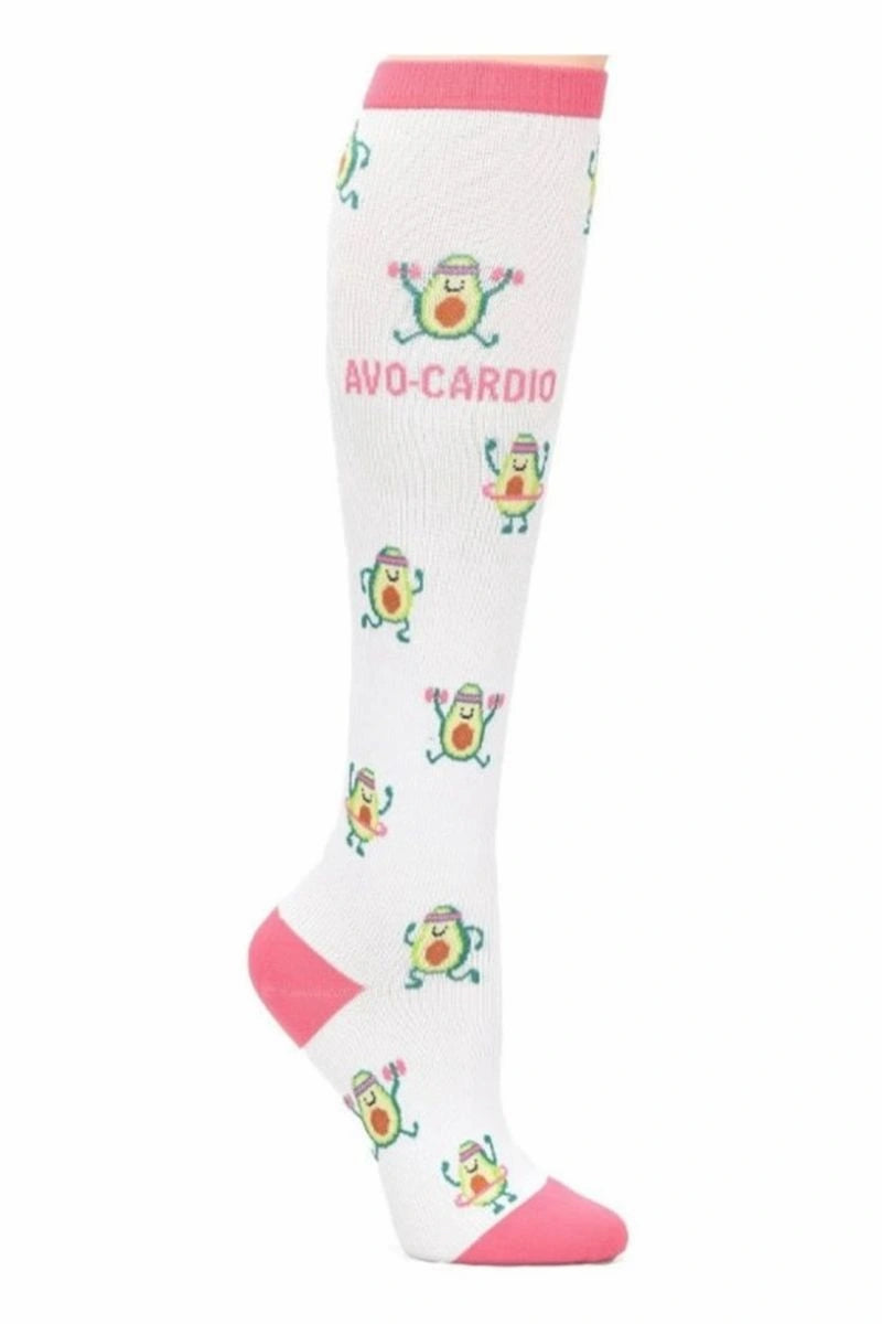 A look at the NurseMates Women's Compression Sock in Avo-cardio featuring a cute print with cartoon avocados working out on a white background.