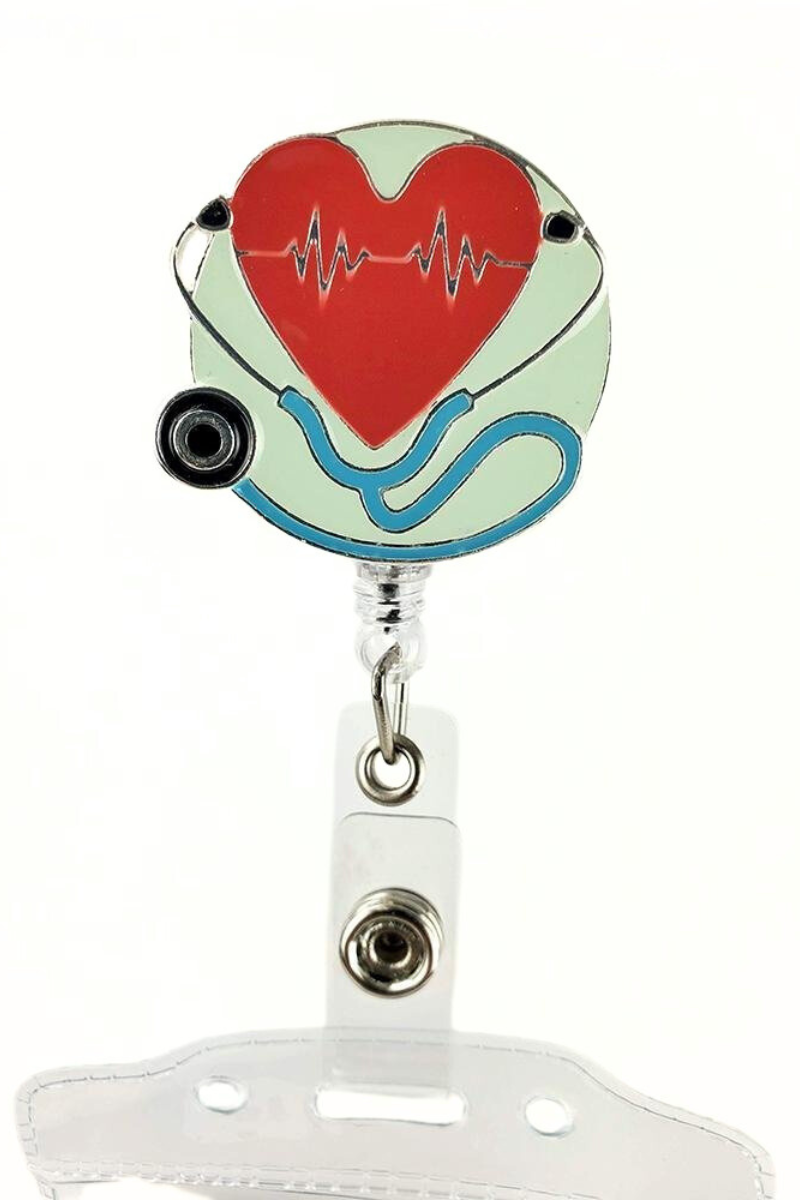 The Badge Reel with ID Holder in Heart Stethoscope featuring 25" retractable cord.
