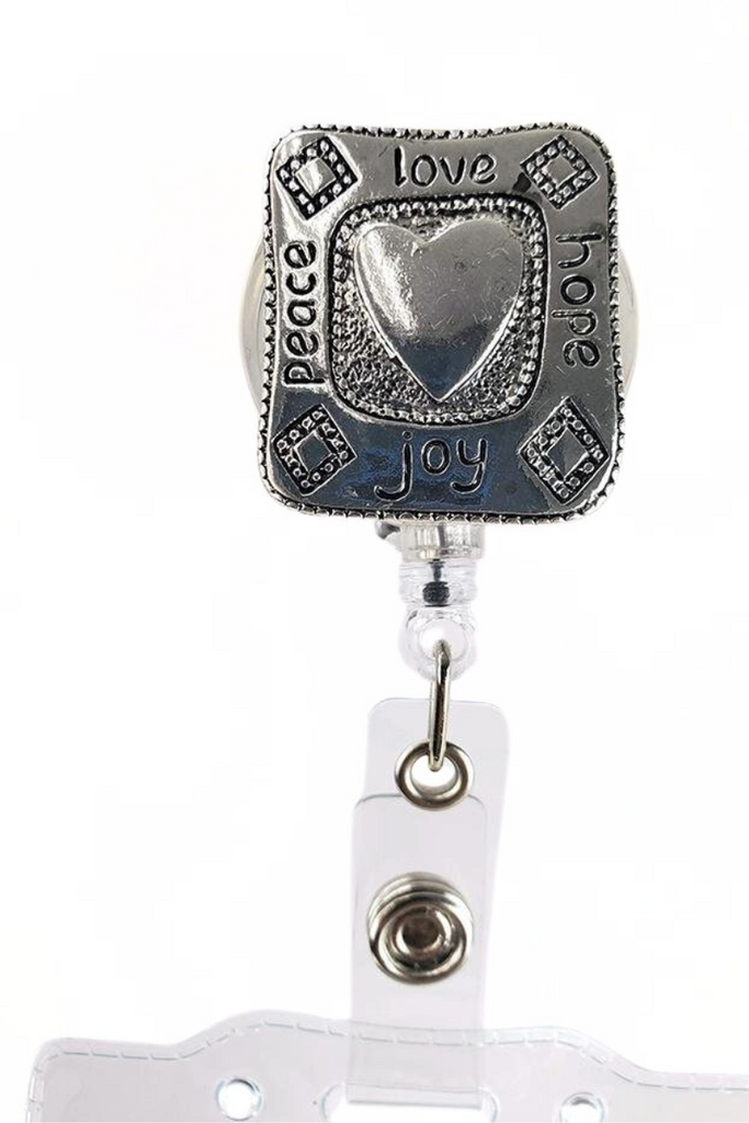 The Badge Reel with ID Holder in Silver Heart featuring 25" retractable cord.