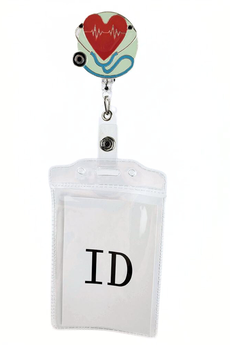 The Badge Reel with ID Holder in Heart Stethoscope featuring a removable vinyl badge holder.