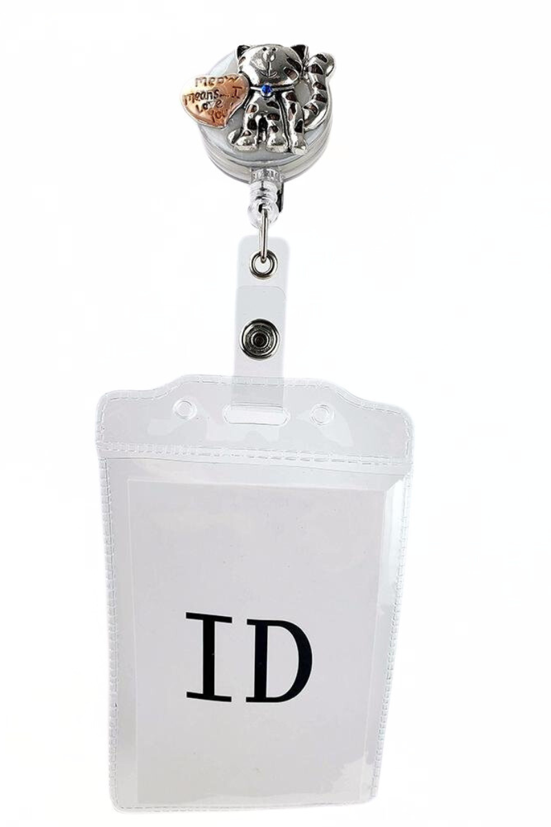 The Badge Reel with ID Holder in Cat Meow featuring a removable vinyl badge holder.
