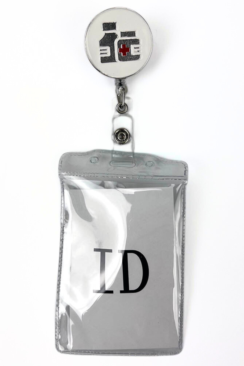 The Badge Reel with ID Holder in Medicine Bottles featuring a removable vinyl badge holder.