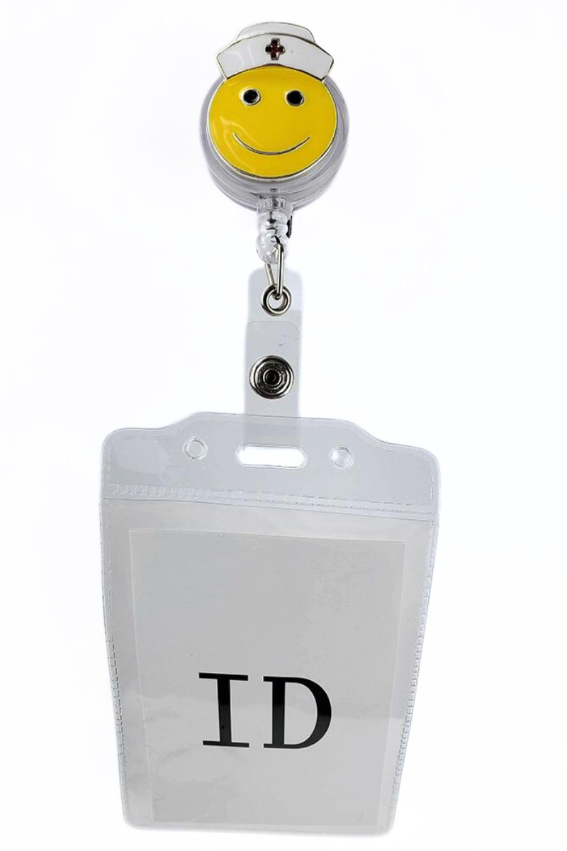 The Badge Reel with ID Holder in Smiley Face featuring a removable vinyl badge holder.