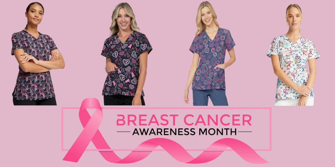 A group of female nurses displaying some of the available scrub tops in Scrub Pro's collection of Breast Cancer Awareness Prints.