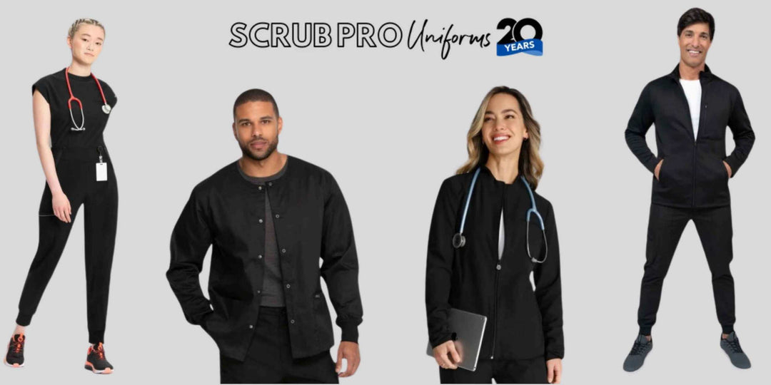 A group young EMTs displaying some of Scrub Pro's selection of Black Scrub Pants and Jackets.