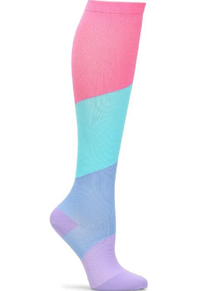 An image of the side of the of Women's Compression Socks from NurseMates in "Block Bright" made with 87% Nylon and 13% Spandex.