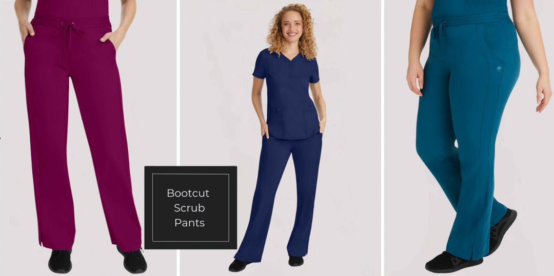 Three young female nurses showcasing some of the available styles in Scrub Pro's collection of Bootcut Scrub Pants.