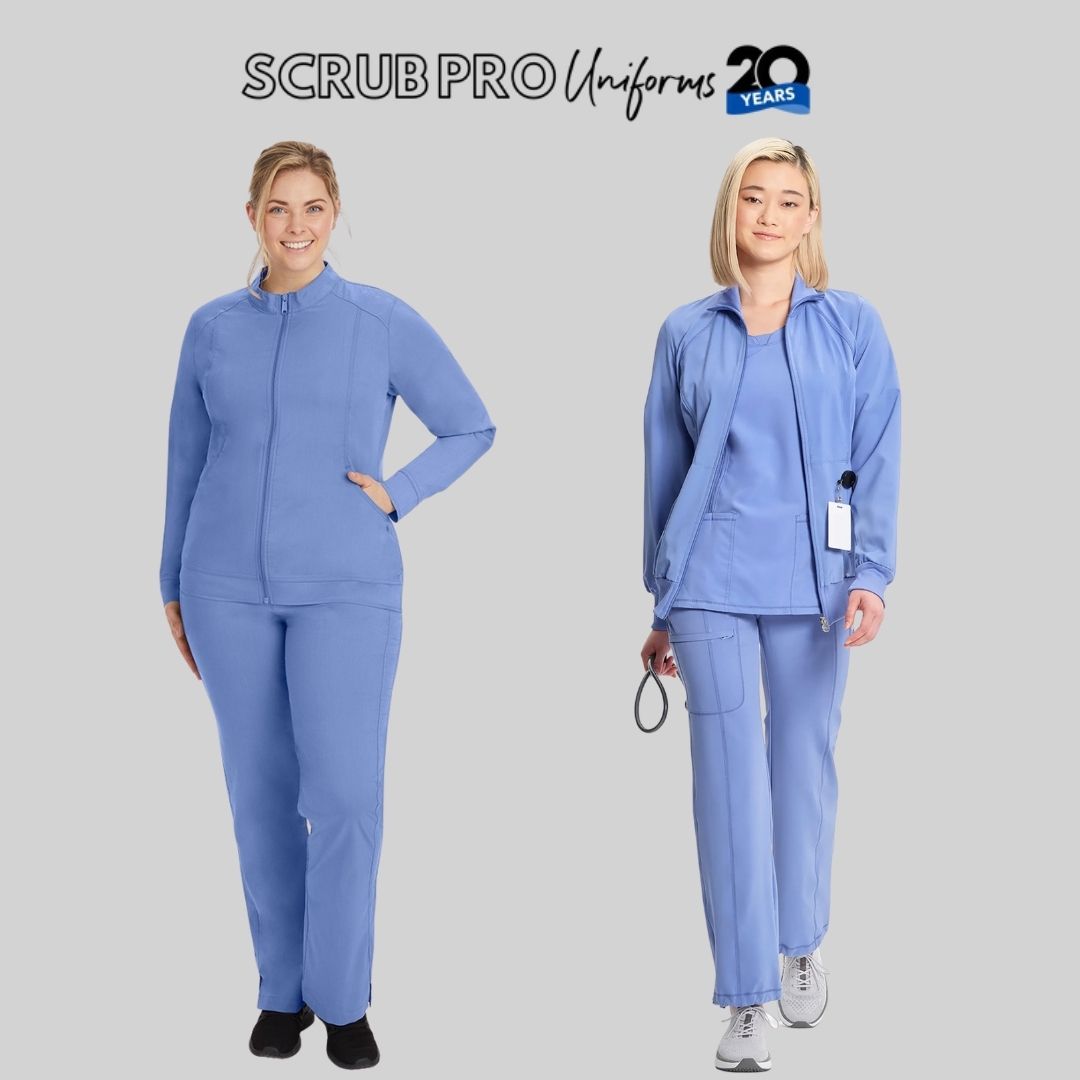 A look at some of the scrub options in Scrub Pro's collection of Ceil Blue Jackets and Pants.