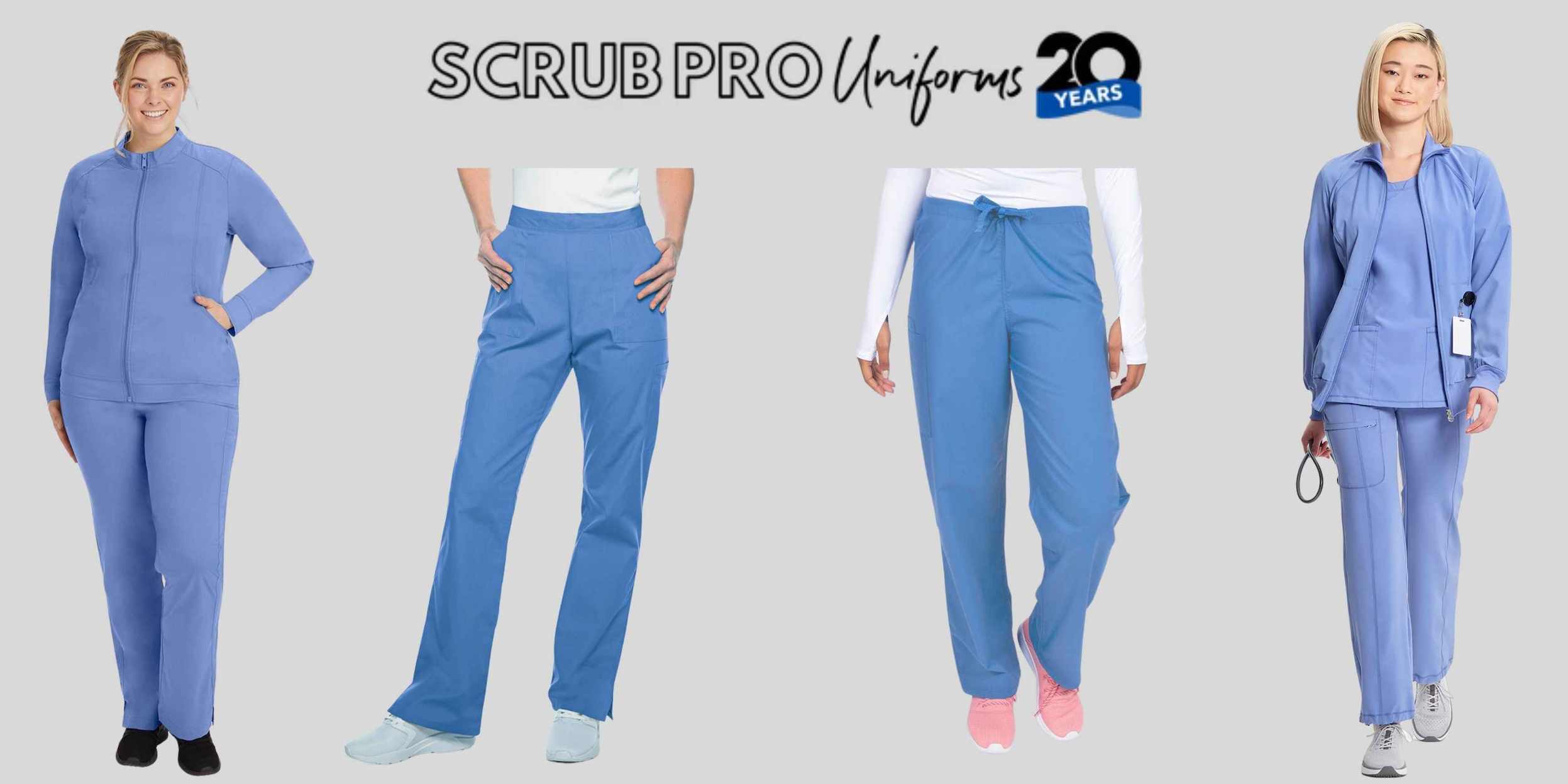 A look at some of the uniform options in Scrub Pro's Collection of Ceil Blue Scrub Pants and Jackets.