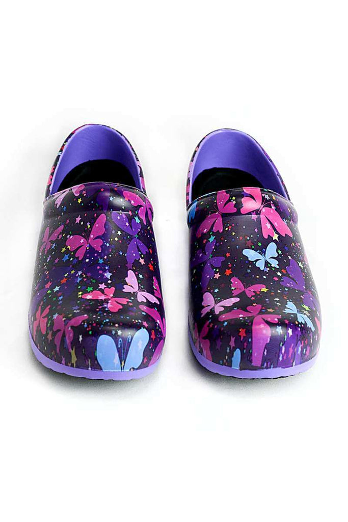 A frontward facing image of the "Celestial Butterflies" StepZ Women's Slip Resistant Memory Foam Clogs in size 6 featuring padding in the front & back heel collar.