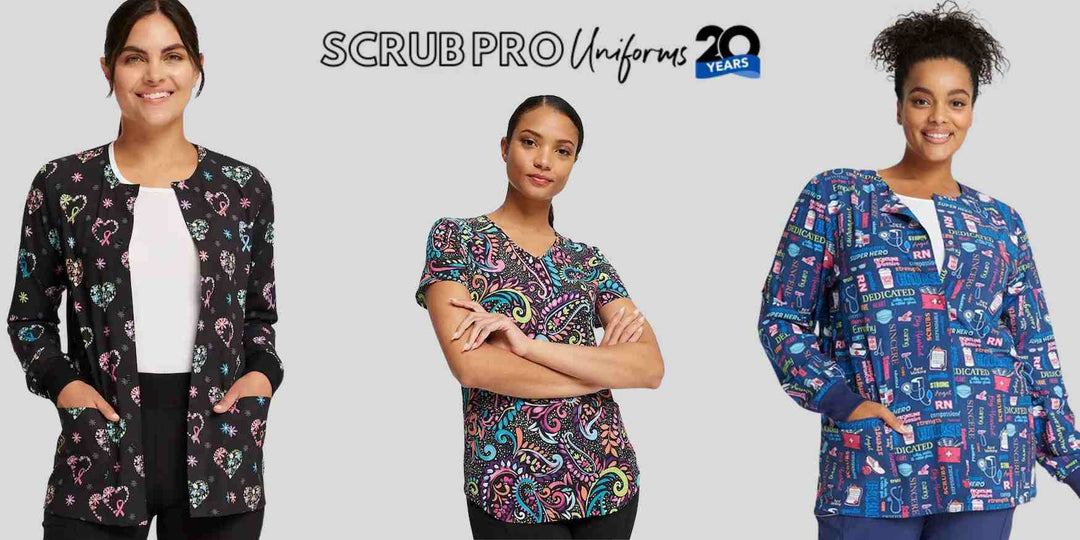 Three young Pediatric Nurses showcasing some of the available options in Scrub Pro's collection of Cherokee Print Tops and Jackets.