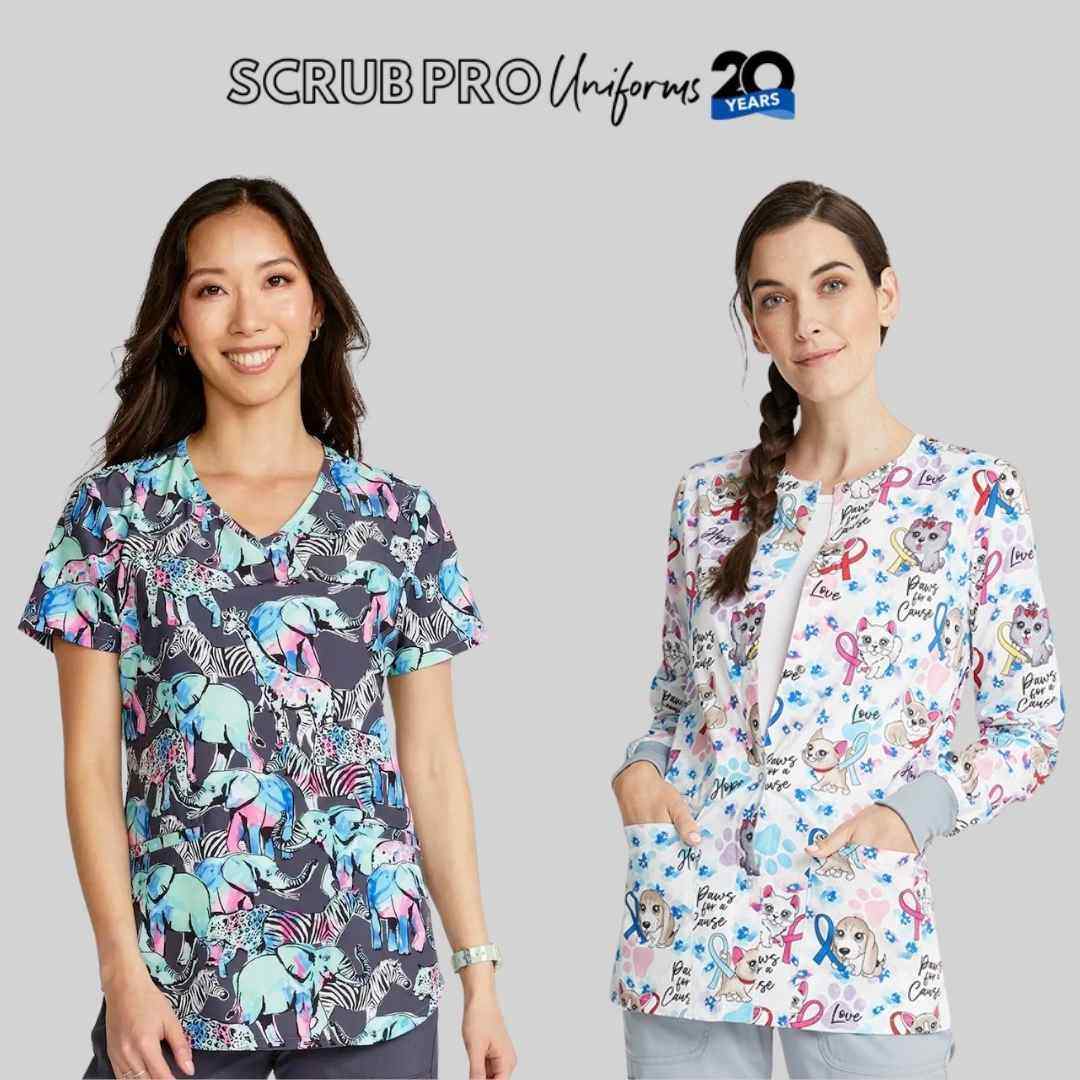 Two young female nurses wearing Cherokee Prints from Scrub Pro.