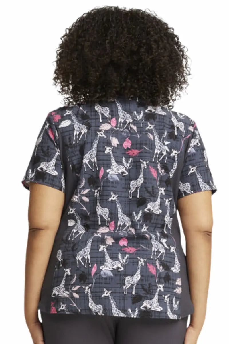 The back of the "Giraffe-ter Love" Cherokee iFlex Women's Knit Panel Print Scrub Top featuring a center back length of 25".