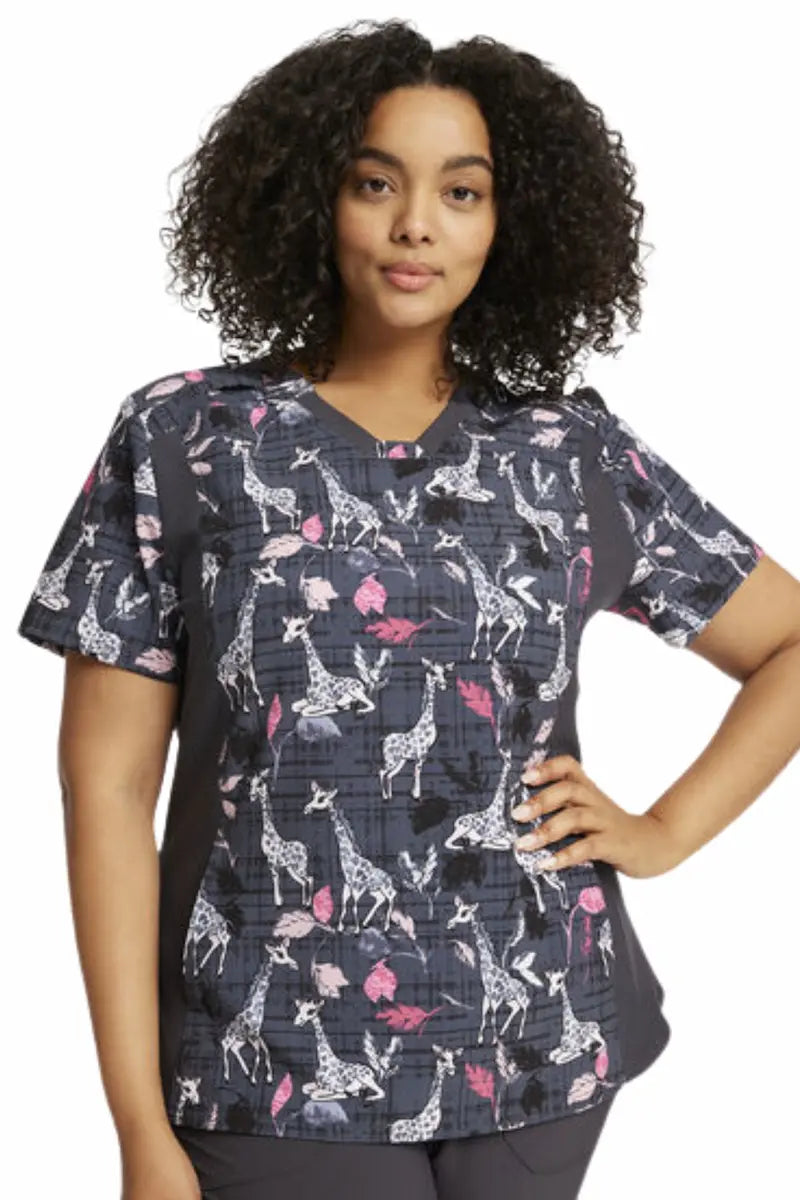 Cherokee iFlex Women's Knit Panel Print Scrub Top | Giraffe-ter Love