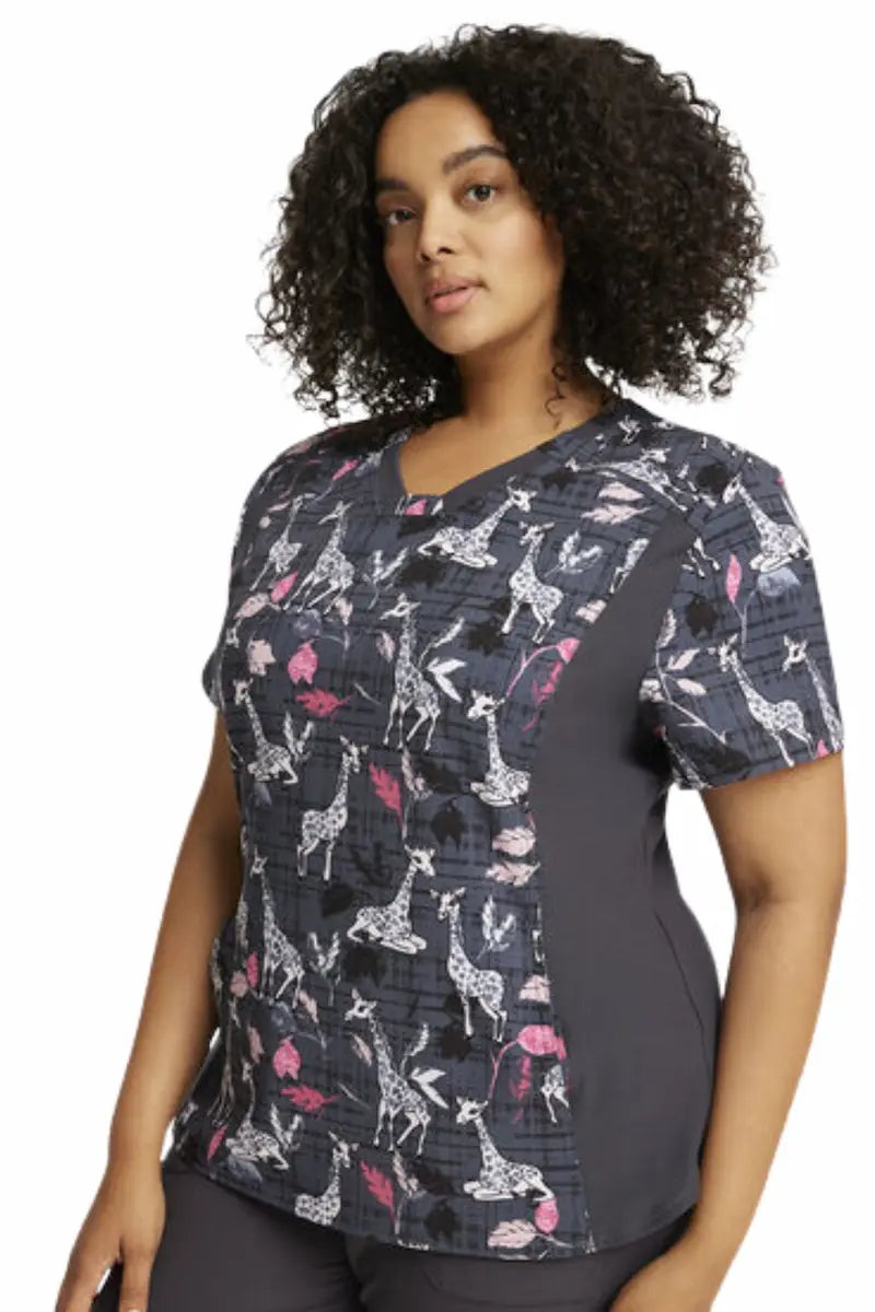 Cherokee iFlex Women's Knit Panel Print Scrub Top | Giraffe-ter Love