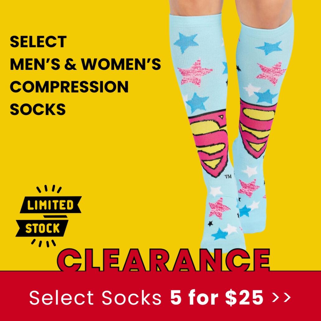 Select compression socks at Scrub Pro are on sale for 5 for $25 while sup[plies last.