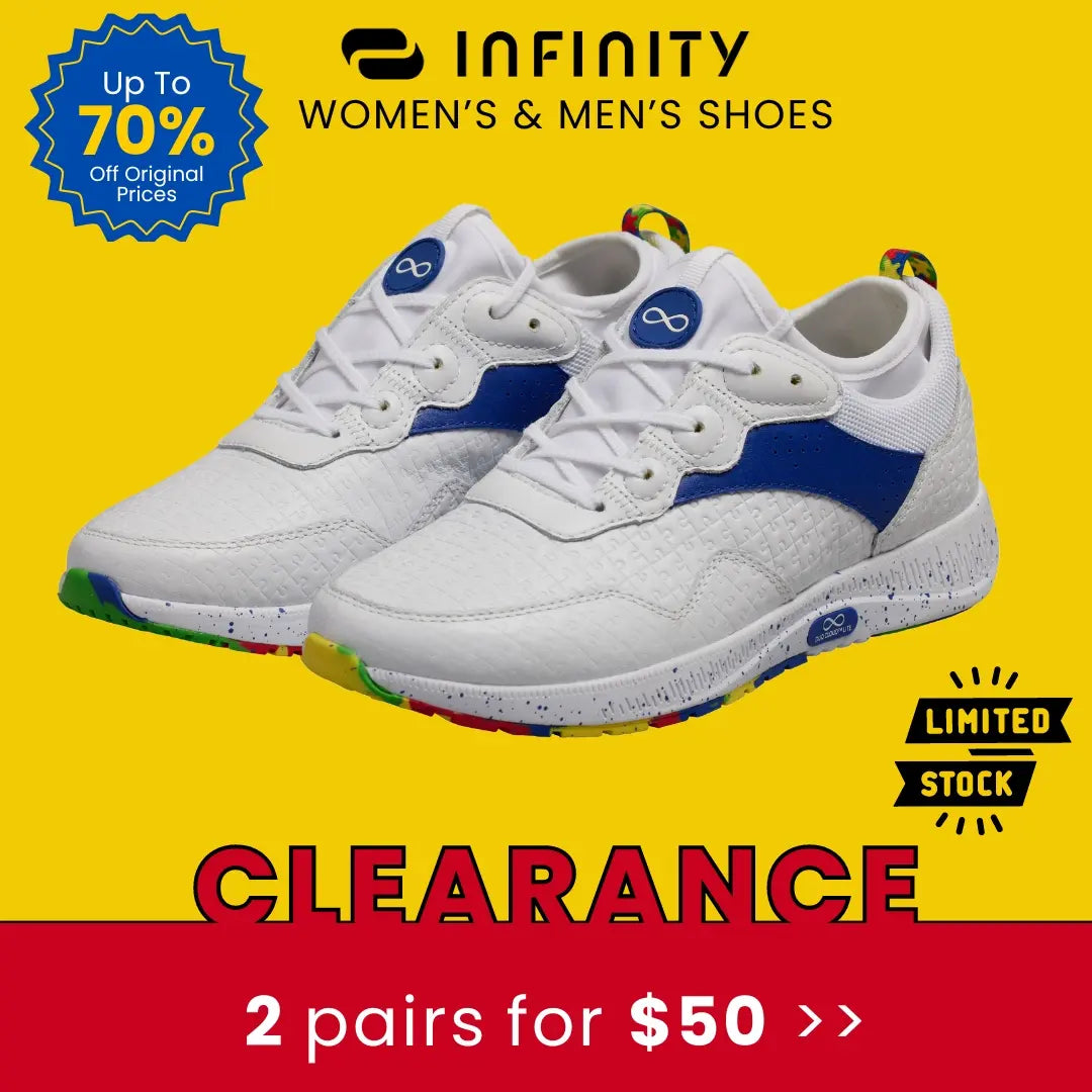 Infinity clearance shoes for men & women are 2 pairs for $50 or $29.99 each at Scrub Pro Uniforms.