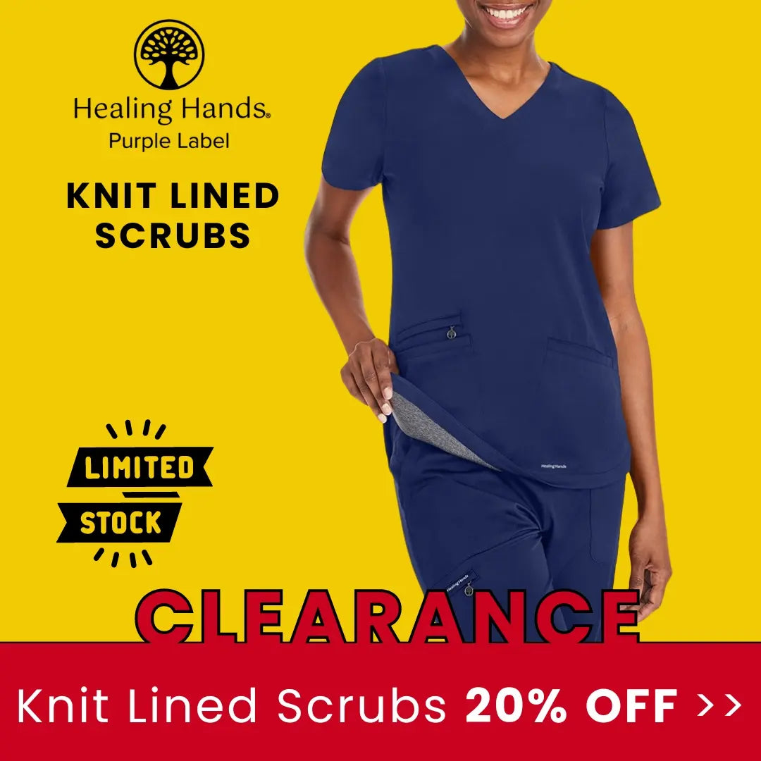 Healing Hands Purple Label knit lined scrubs are 20% off at Scrub Pro. While supplies last.