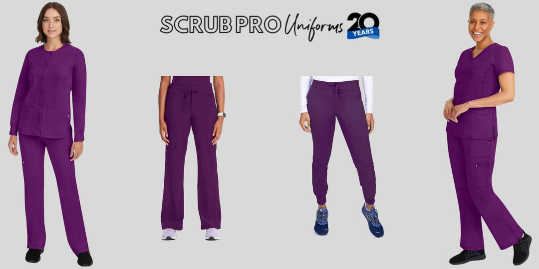 A look at some of the available scrub options in Scrub Pro's collection of Eggplant Scrub Pants and Jackets.