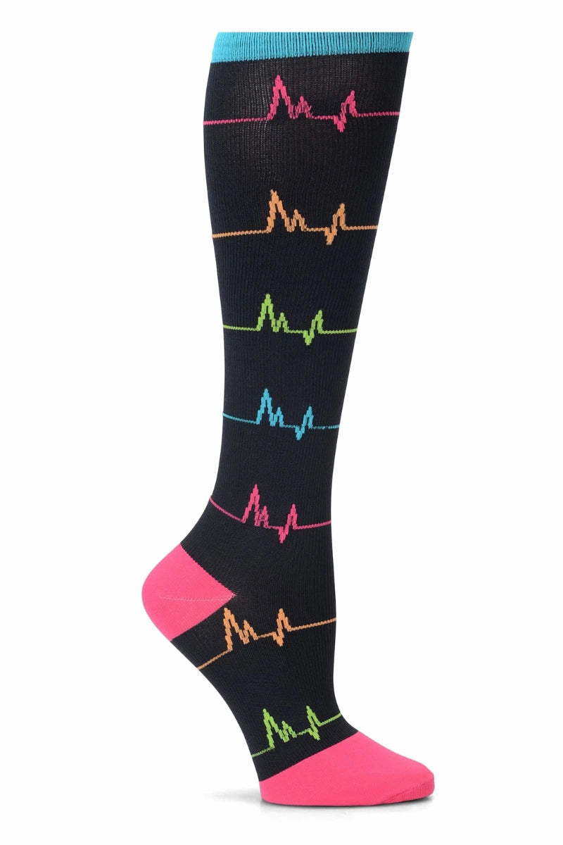 A look at the NurseMates Women's Wide Calf Compression Socks in EKG featuring 12-14 mmHg of compression to help improve circulation and relieve leg fatigue.