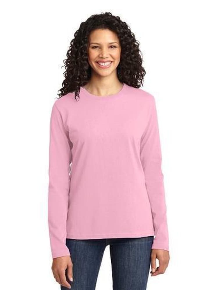 Veterinarian wearing Flexibilitee women's Crew Neck Long Sleeve Tee in baby pink size small