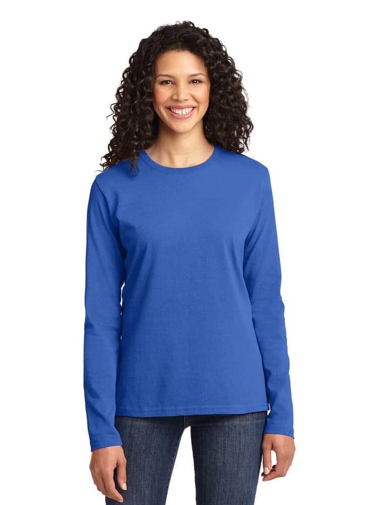 A young female Medical Secretary wearing a Flexibilitee Women's Crew Neck Long Sleeve Tee in Royal Blue size Small featuring a tag-less collar to ensure a comfortable all day fi. 