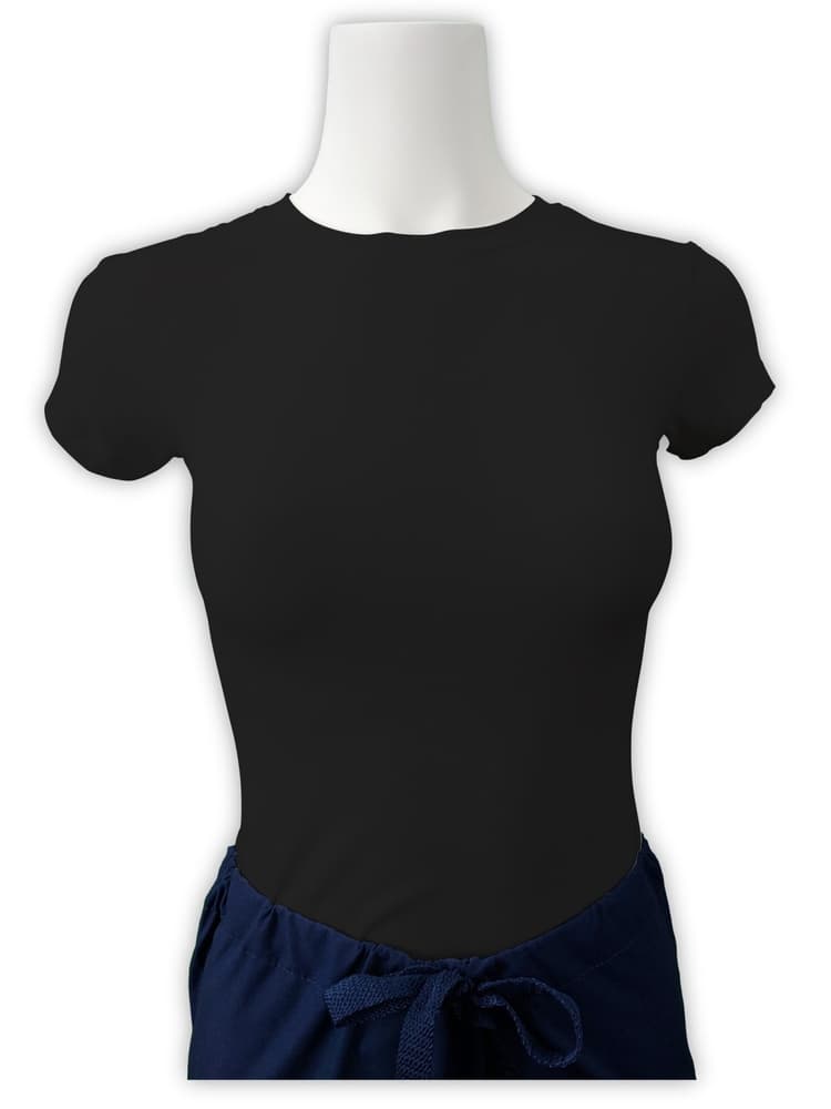 A Black Flexibilitee Women's Crew Neck Short Sleeve T-Shirt featuring a junior fit and cap sleeves on a solid, white background.
