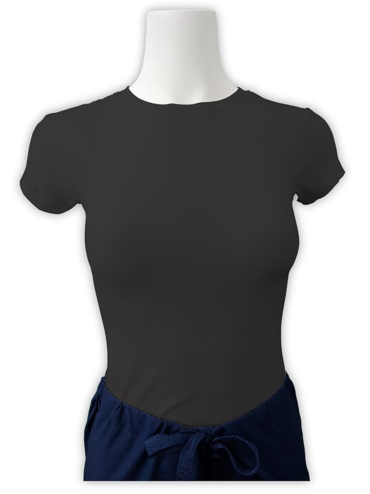 Mannequin wearing Flexibilitee women's Junior Cut Short Sleeve Crew Neck Tee in charcoal size large