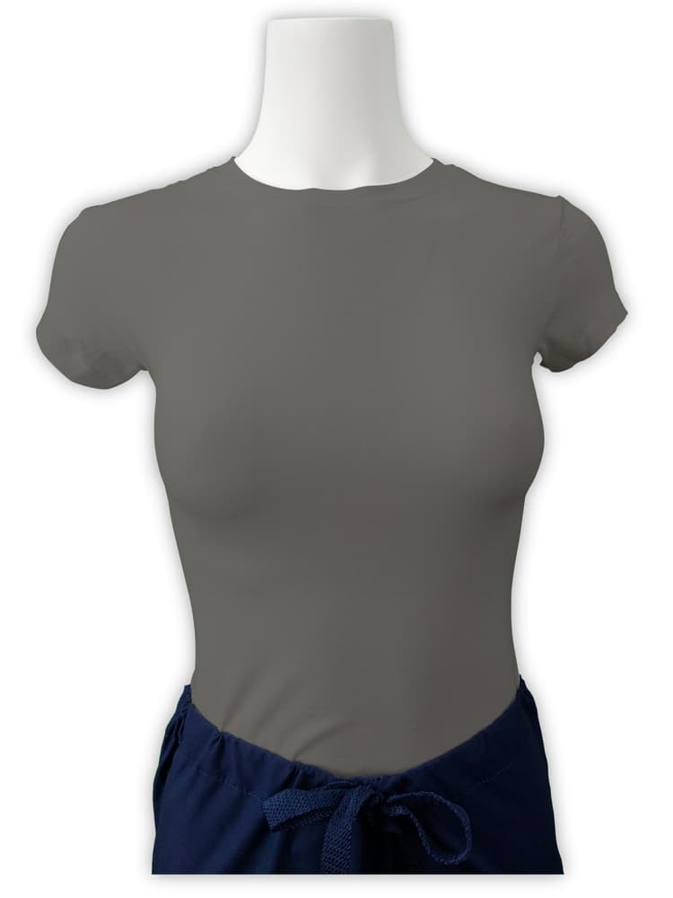 Mannequin wearing Flexibilitee women's Junior Cut Short Sleeve Crew Neck Tee in heather grey size 2X