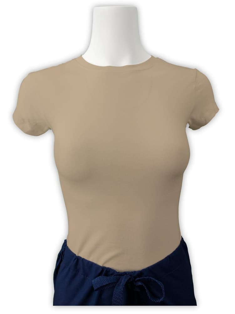 Mannequin wearing Flexibilitee women's Junior Cut Short Sleeve Crew Neck Tee in khaki size 3X