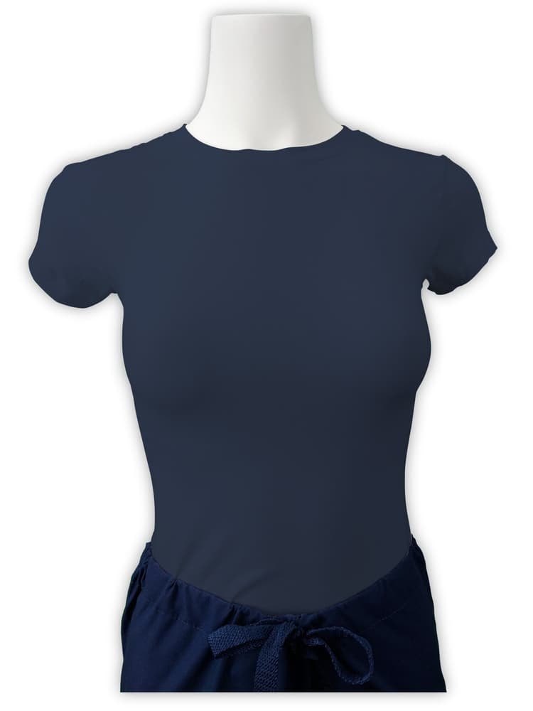 Mannequin wearing Flexibilitee women's Junior Cut Short Sleeve Crew Neck Tee in navy size medium