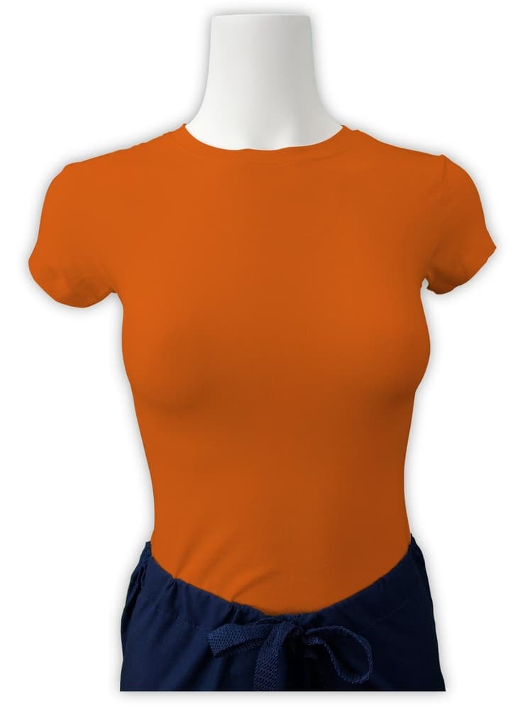 Mannequin wearing Flexibilitee women's Junior Cut Short Sleeve Crew Neck Tee in orange size large featuring a tag-less neckline for maximum all day comfort.