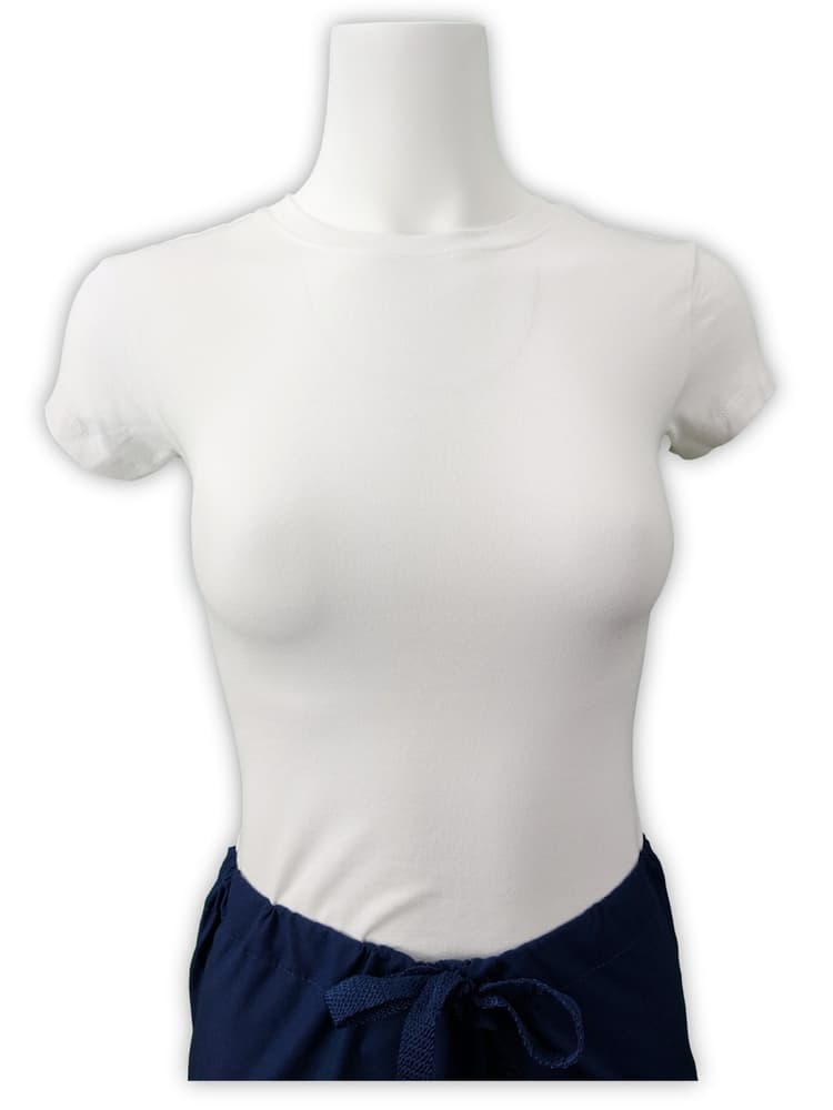 An up close image of the Flexibilitee Women's Crew neck Scrub Top in White size Medium featuring a tapered neck and shoulders.