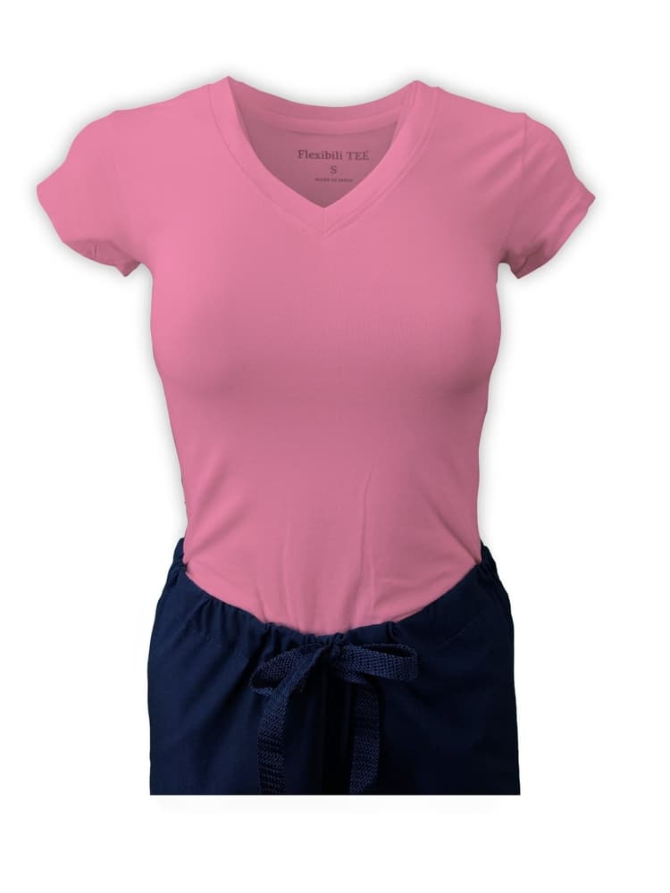 Mannequin wearing Flexibilitee women's Junior Cut V-Neck Short Sleeve Tee in baby pink size 1XL