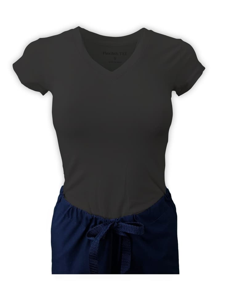 Mannequin wearing Flexibilitee women's Junior Cut V-Neck Short Sleeve Tee in charcoal size large