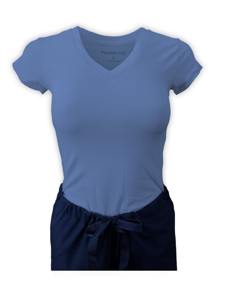 Mannequin wearing Flexibilitee women's Junior Cut V-Neck Short Sleeve Tee in ceil size medium