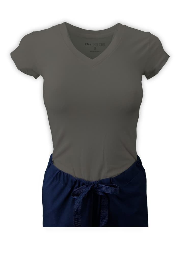 Mannequin wearing Flexibilitee women's Junior Cut V-Neck Short Sleeve Tee in heather grey size 2X